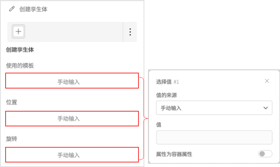 创建对象界面：左侧有三个手动输入字段（模板、位置、旋转），右侧显示“值来源”为手动输入的设置面板。