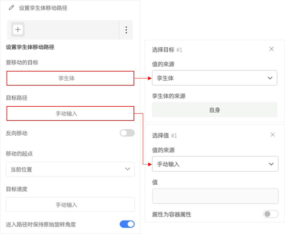 屏幕截图：设置孪生体移动路径的界面，左侧输入目标为孪生体、路径为手动输入，右侧为值来源与数值输入区域。