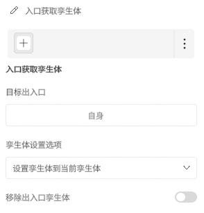 入口获取孪生体设置面板：顶栏有+按钮和菜单；目标出口为自身；下方有‘孪生体设置选项’下拉框；最下方为‘移除出口孪生体’开关（关闭）