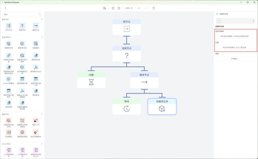 Flowchart editor showing a root node connected to a choice node, then a sequence node leading to branches for '等待' and '创建孵生体' in a pale canvas.