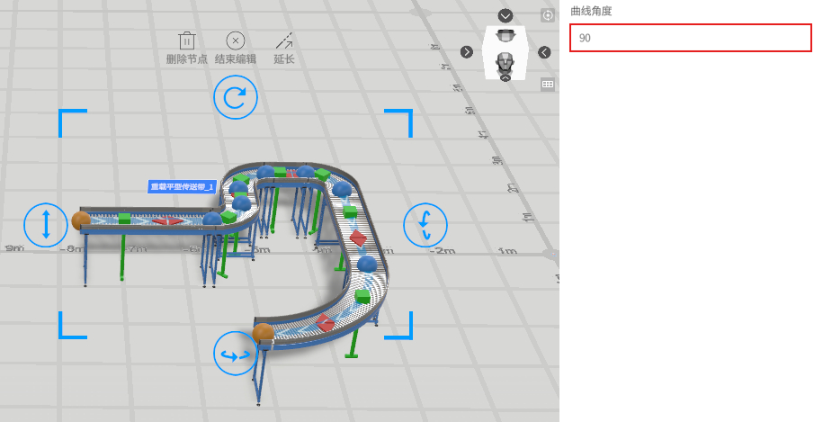 3D track layout in a design software with curved loop, blue guides, and green supports on a grid backdrop