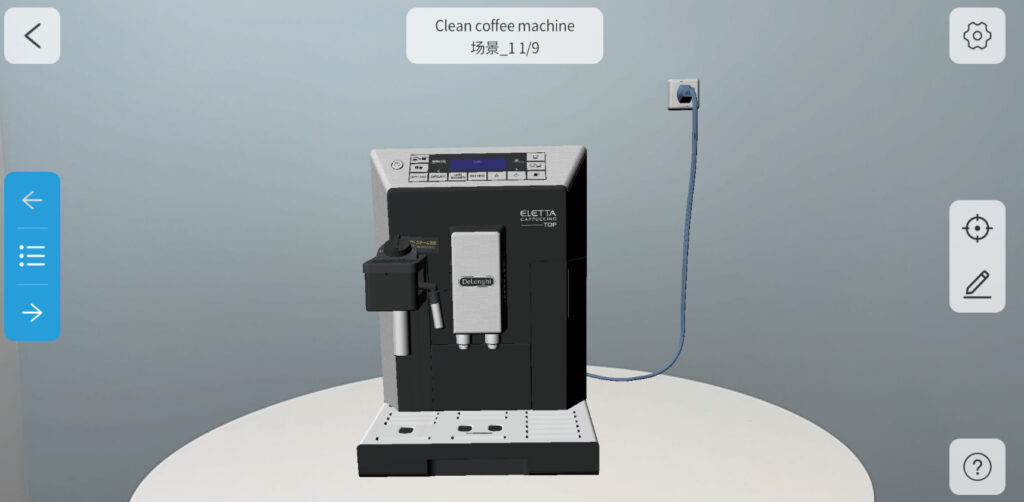 3D render of a De'Longhi Eletta cappuccino espresso machine on a round white table against a blue backdrop, with a portafilter and steam wand visible